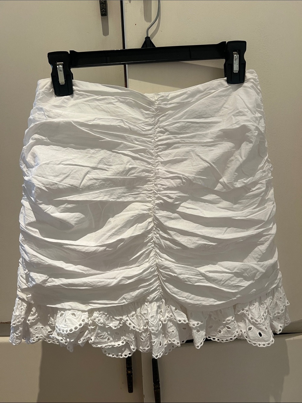 Zara White Ruched Mini Skirt with Eyelet Hem